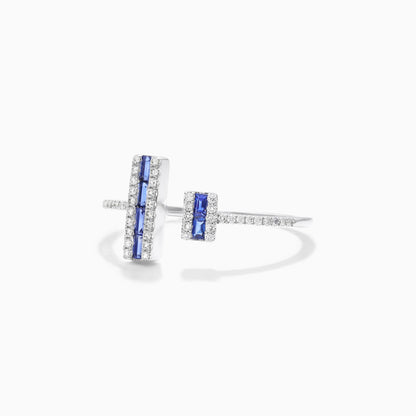 Anel De Ouro 18k Aberto C/ Safira Azul Baguette e Diamantes Brilhantes