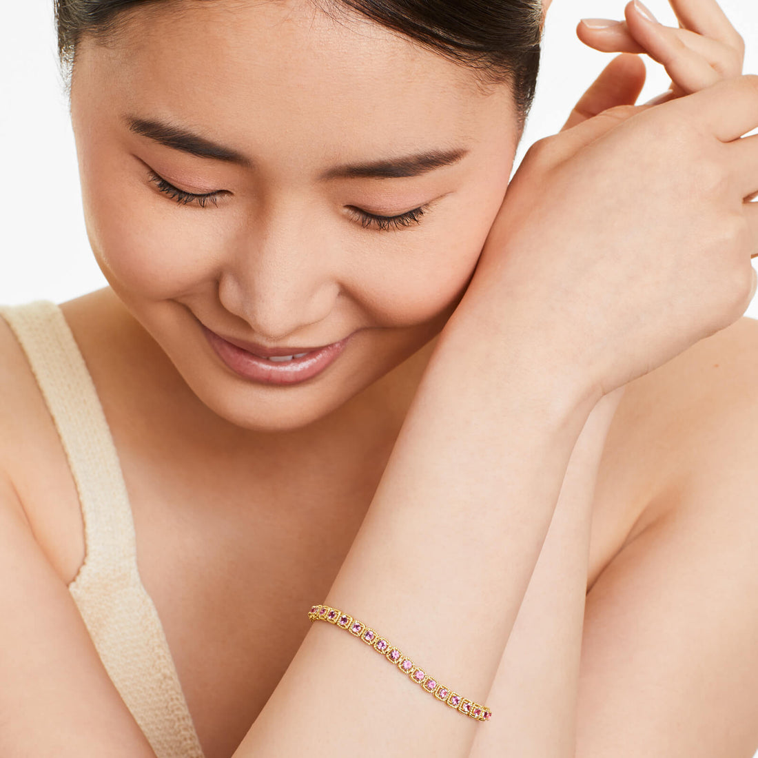 Pulseira Feminina de Ouro Amarelo 18k Riviera Halo de Safira Rosa