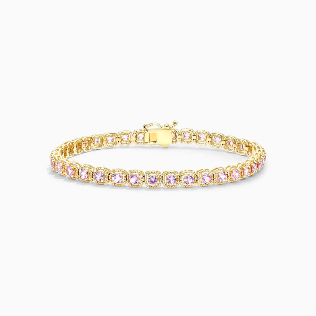 Pulseira Feminina de Ouro Amarelo 18k Riviera Halo de Safira Rosa