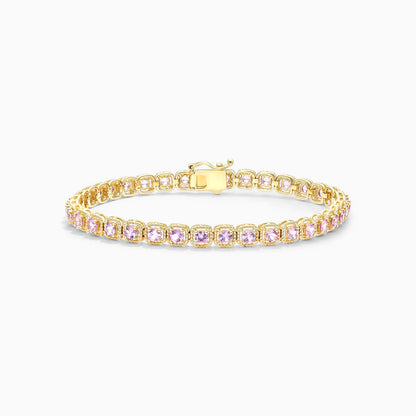 Pulseira Feminina de Ouro Amarelo 18k Riviera Halo de Safira Rosa
