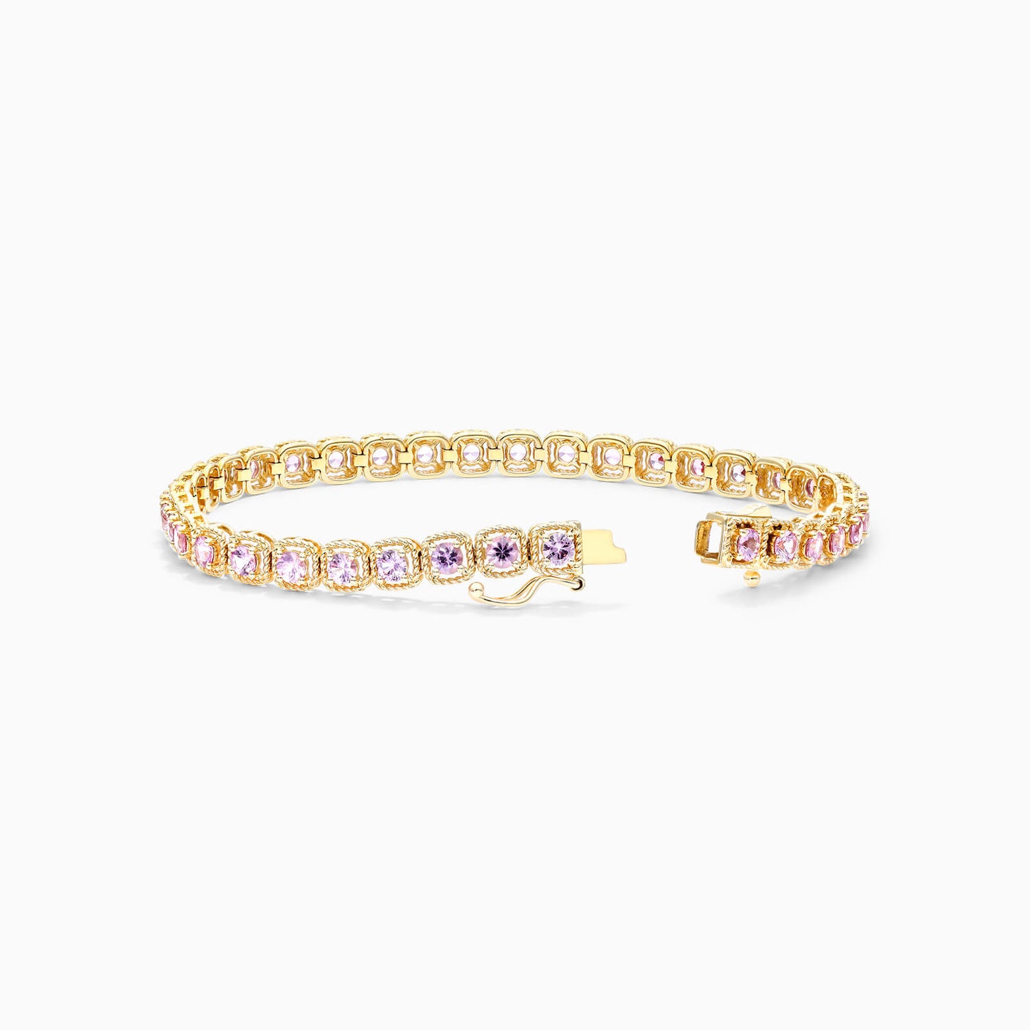 Pulseira Feminina de Ouro Amarelo 18k Riviera Halo de Safira Rosa