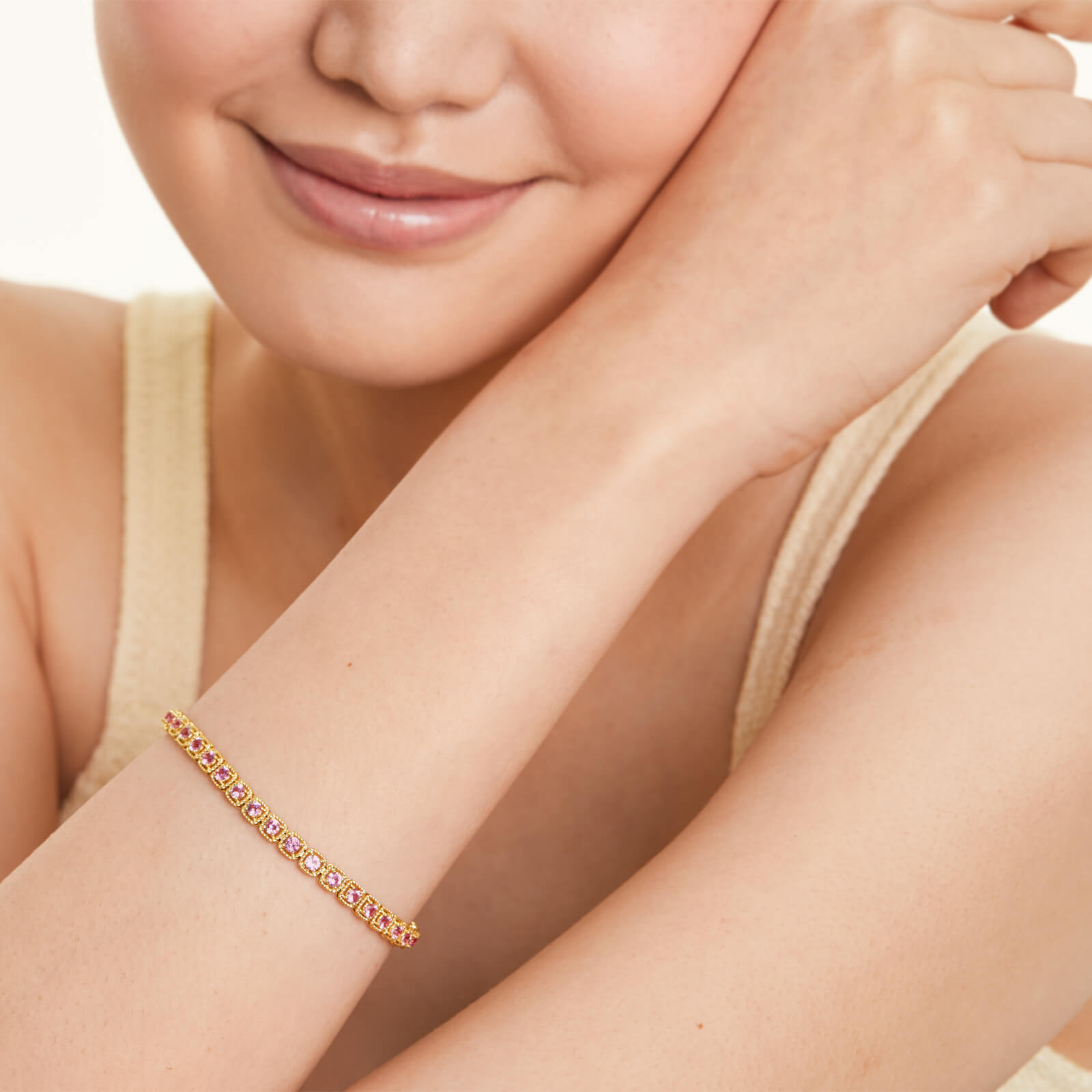 Pulseira Feminina de Ouro Amarelo 18k Riviera Halo de Safira Rosa