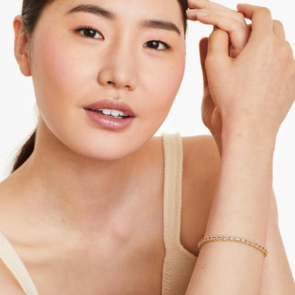 Pulseira Feminina de Ouro Amarelo 18k Riviera Halo de Safira Rosa