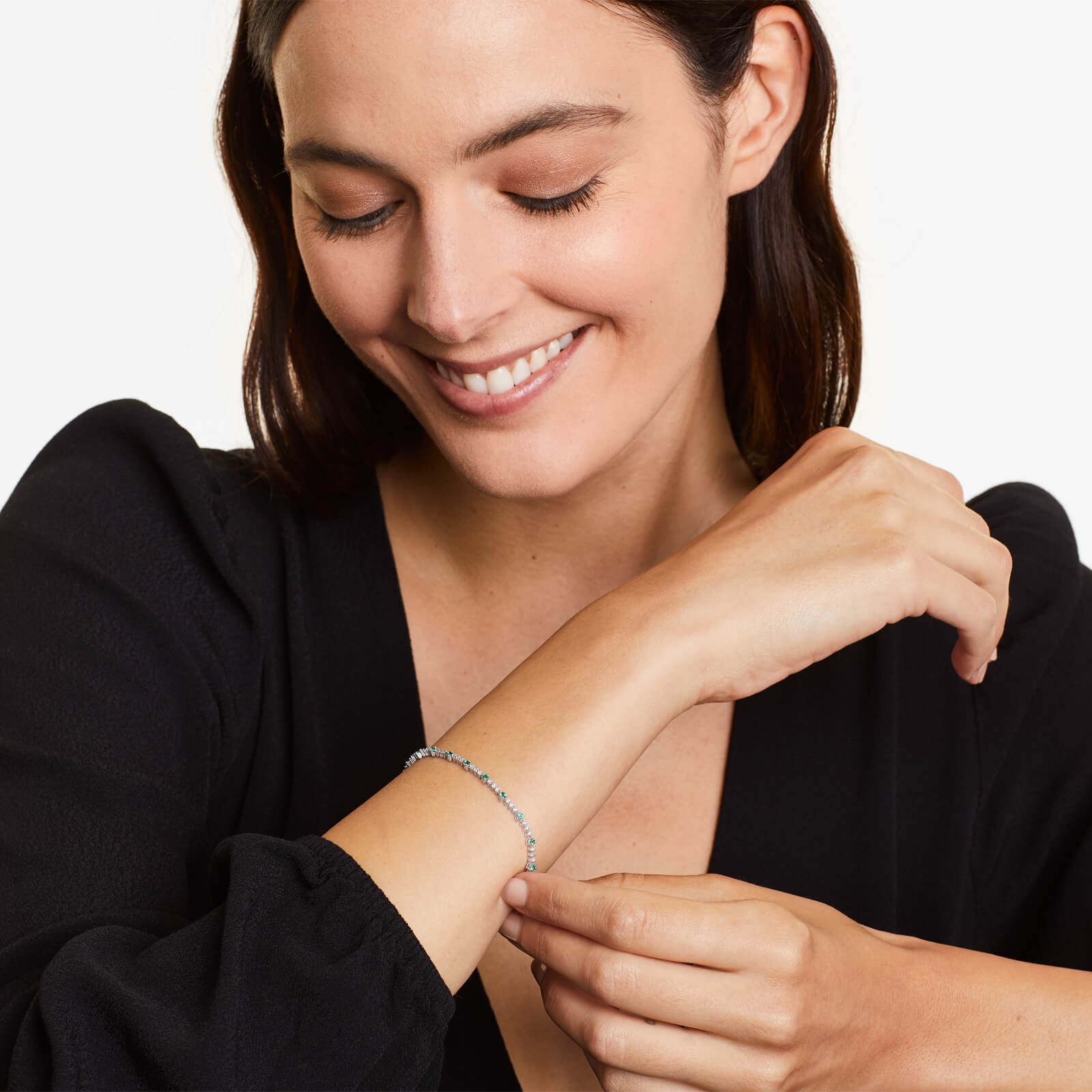 Pulseira Riviera Feminina de Ouro 18k Diamantes e Esmeralda Luxo