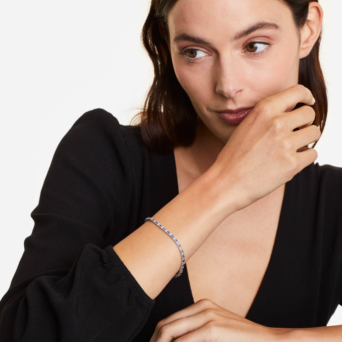 Pulseira Riviera Feminina Alternada de Ouro 18k Diamantes e Safira