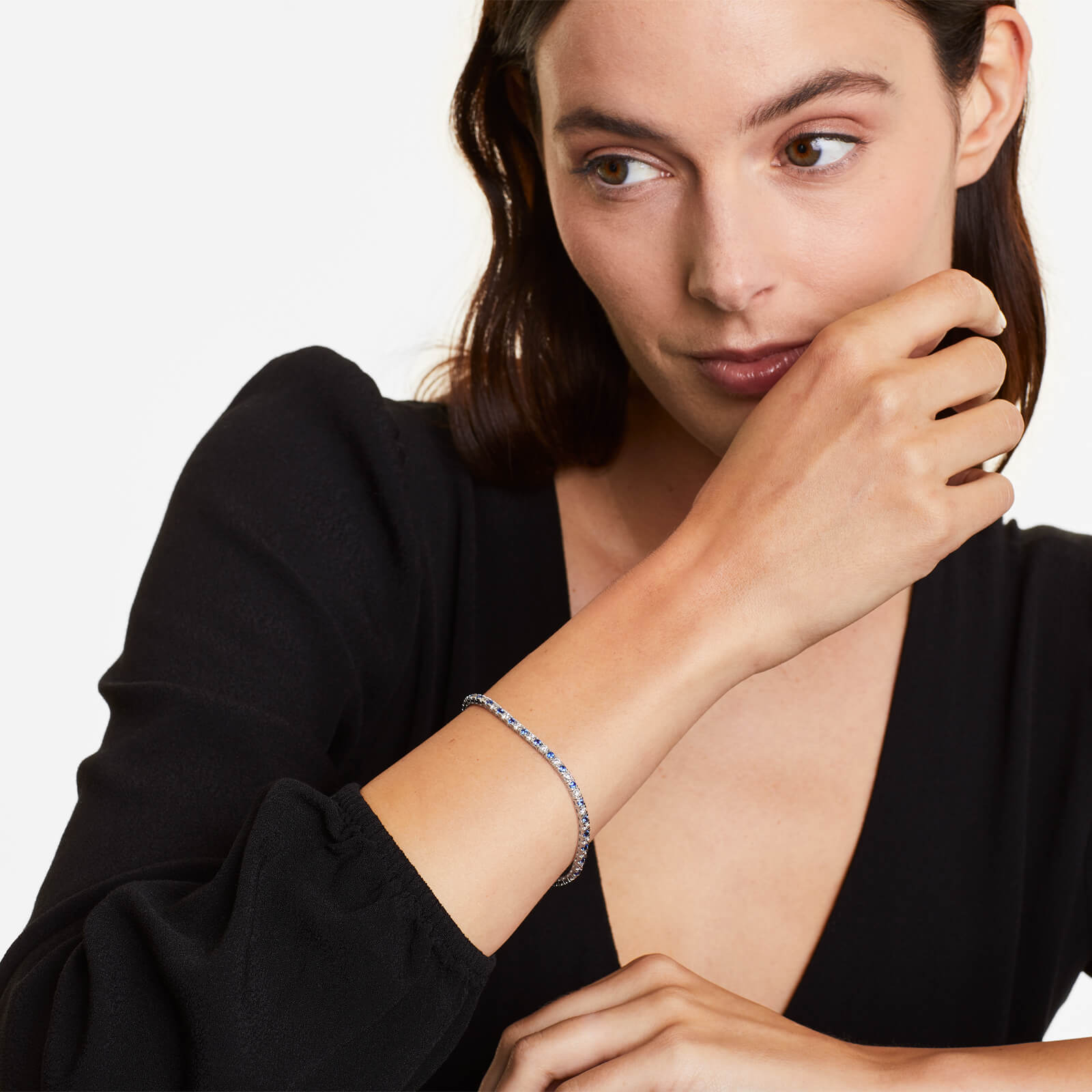 Pulseira Riviera Feminina Alternada de Ouro 18k Diamantes e Safira