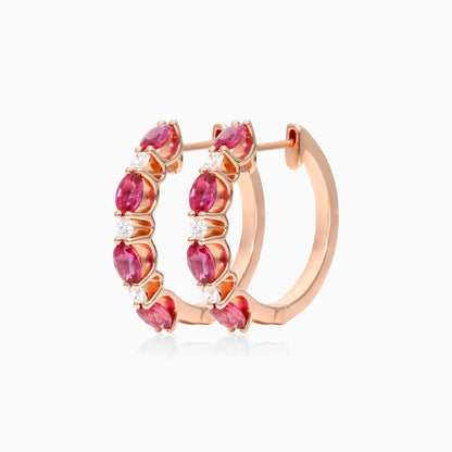 Brinco De Ouro Rosa 18k Argola Alternada de Rubis e Diamantes