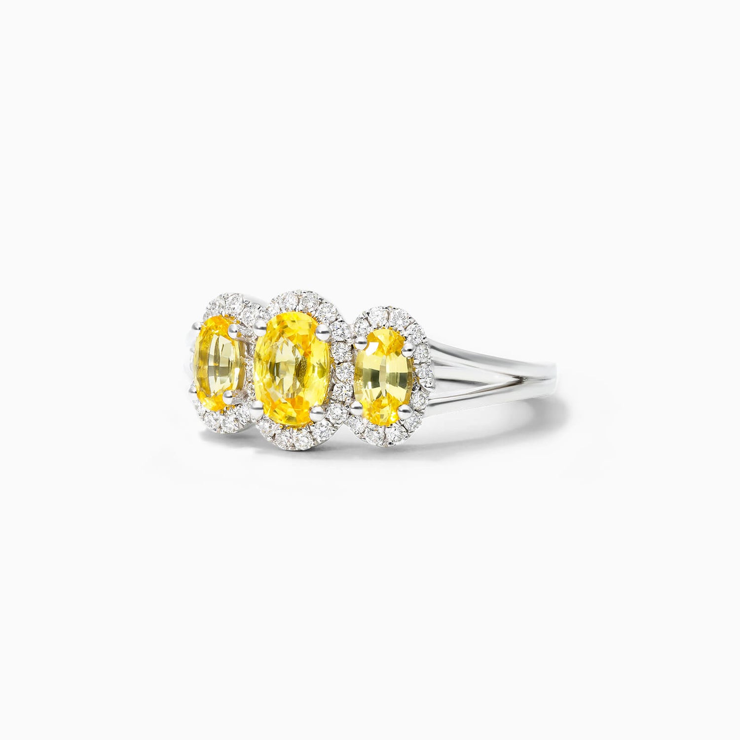 Anel De Ouro Branco 18k Três Safira Amarela e Diamantes