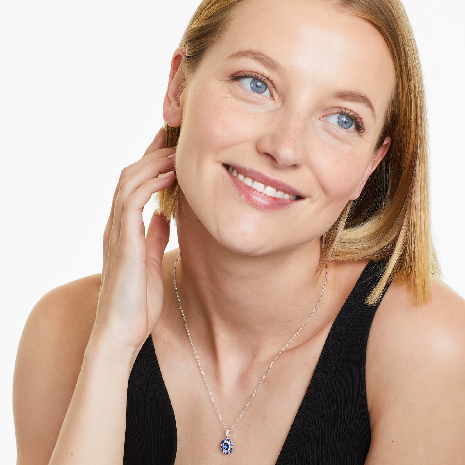 Colar Feminina Corrente  em Ouro 18k de Safira Azul e Diamantes Luxo