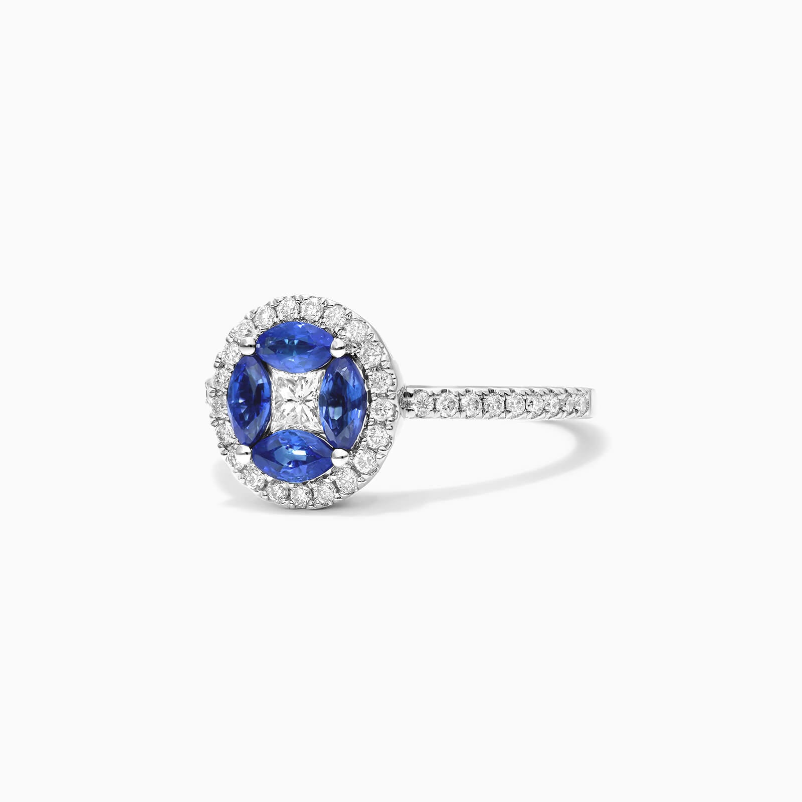 Anel De Ouro Branco 18k Safiras Azul e Diamantes Brilhantes Stacy
