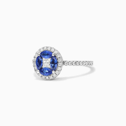 Anel De Ouro Branco 18k Safiras Azul e Diamantes Brilhantes Stacy