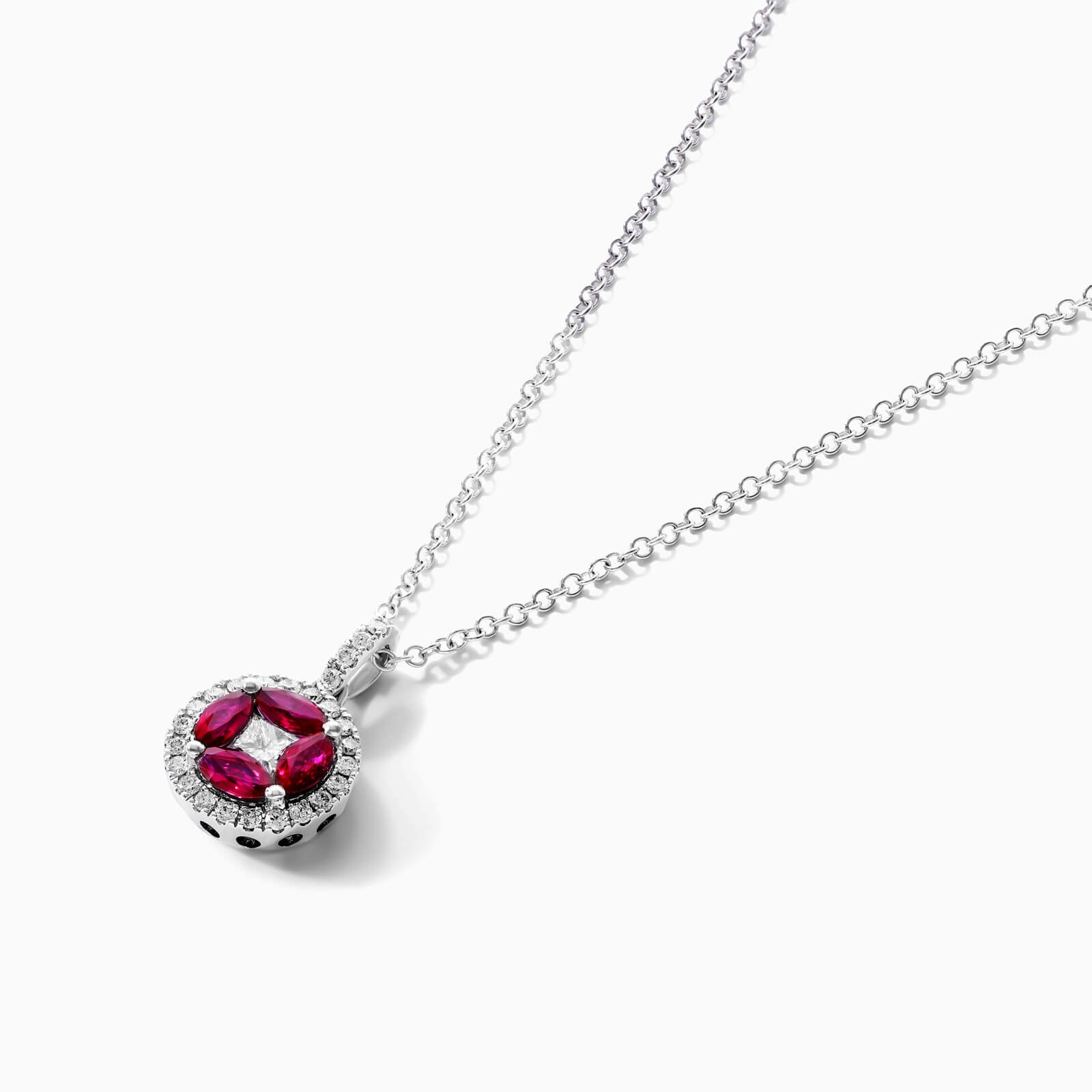 Colar Feminina De Ouro Branco 18k C/ Pingente De Rubis e Diamantes