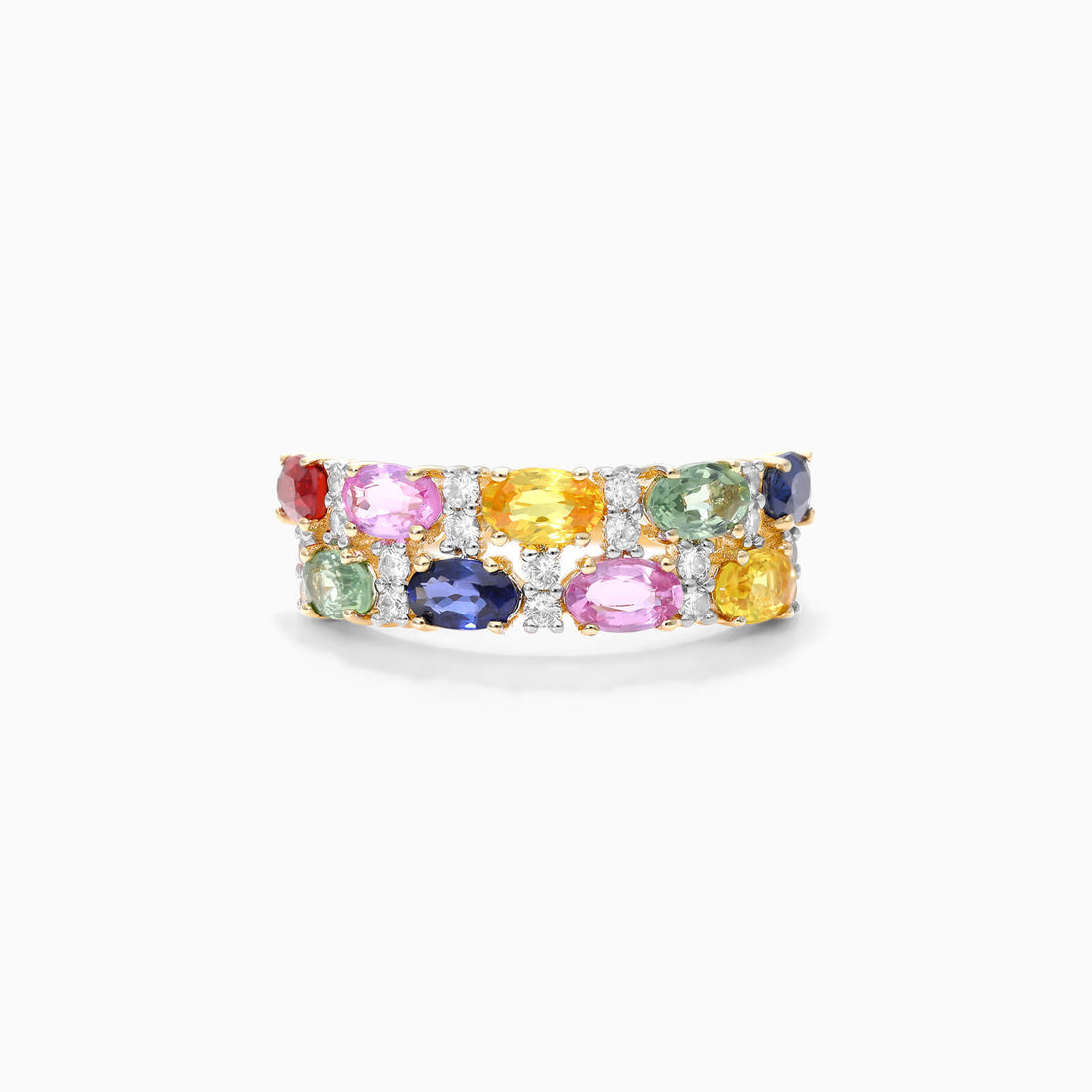 Anel de Safira Coloridas em Ouro 18k Dupla Fileira de Luxo | New | Aparadores, rubi, Safira, yellow | AUREA FINE JEWELRY