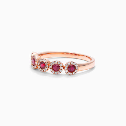 Anel Halo De Ouro 18k c/ Cinco Rubi e Diamantes Brilhantes