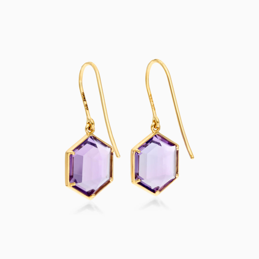 Brinco De Ouro 18k Feminino de Gancho com Ametista Hexagonal