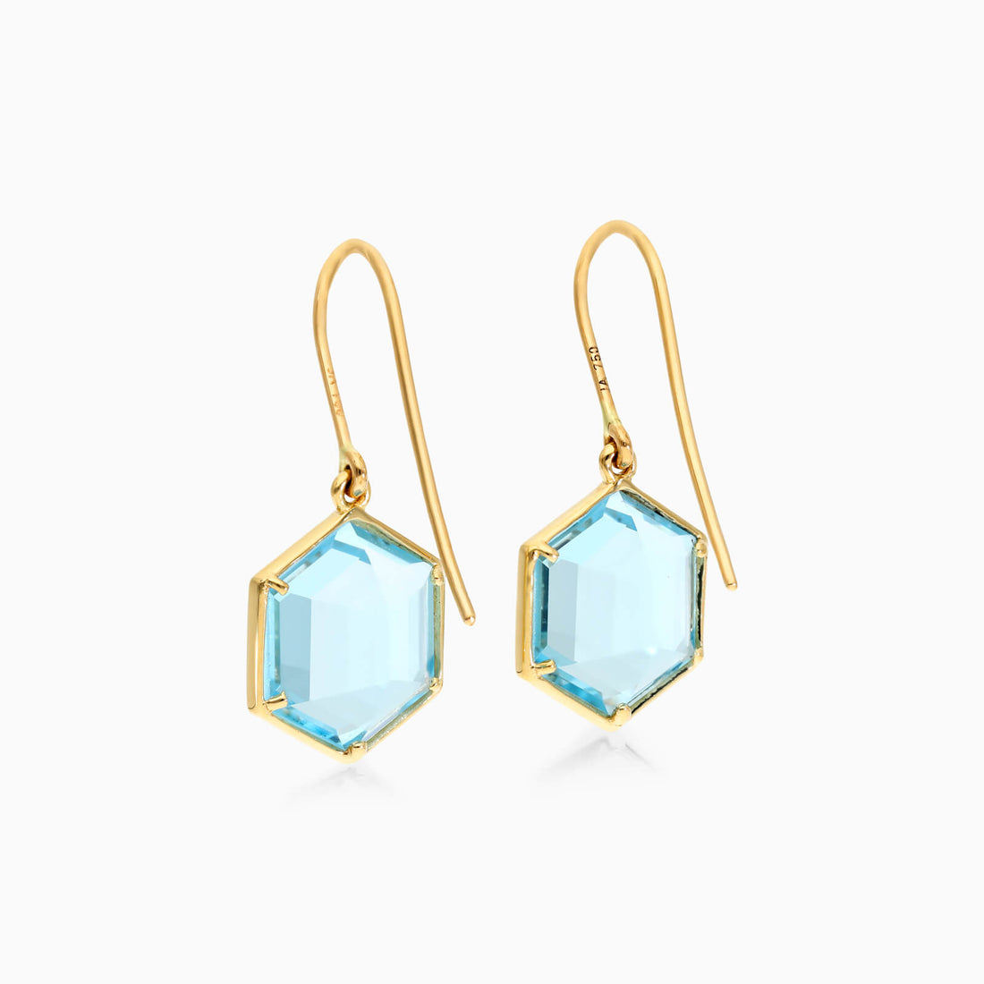 Brinco De Ouro 18k Feminino de Gancho c/ Topazio Azul Hexagonal
