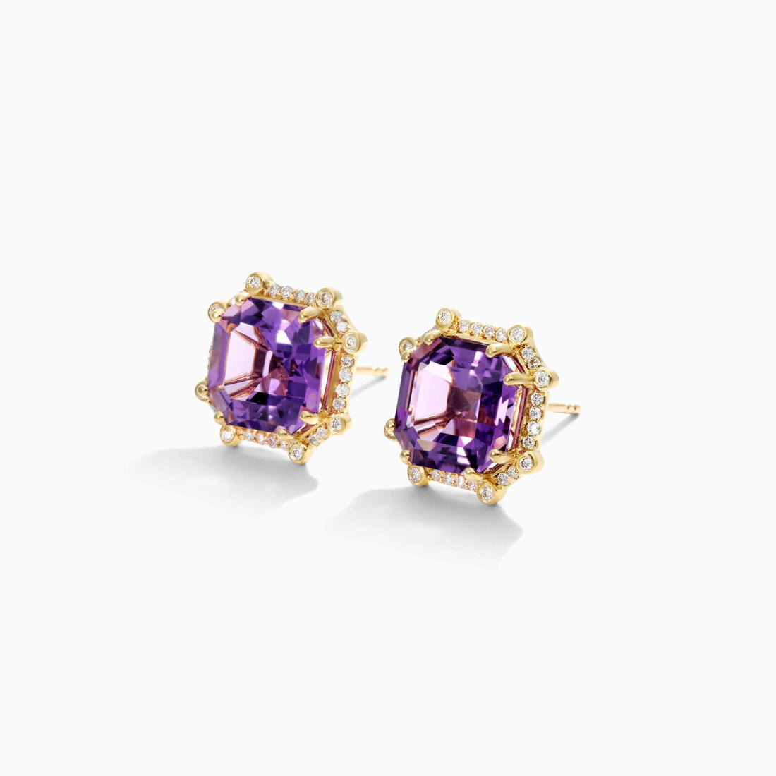 Brinco De Ouro 18k Feminino C/ Diamantes Brilhantes e Ametista Octogono