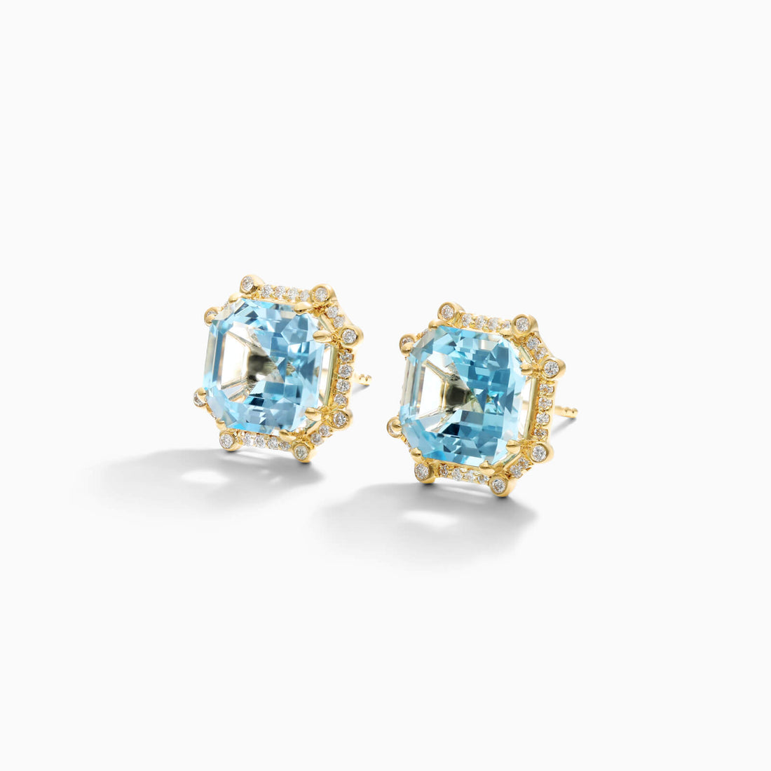 Brinco De Ouro 18k Feminino C/ Diamantes Brilhantes e Topazio Azul Octogono