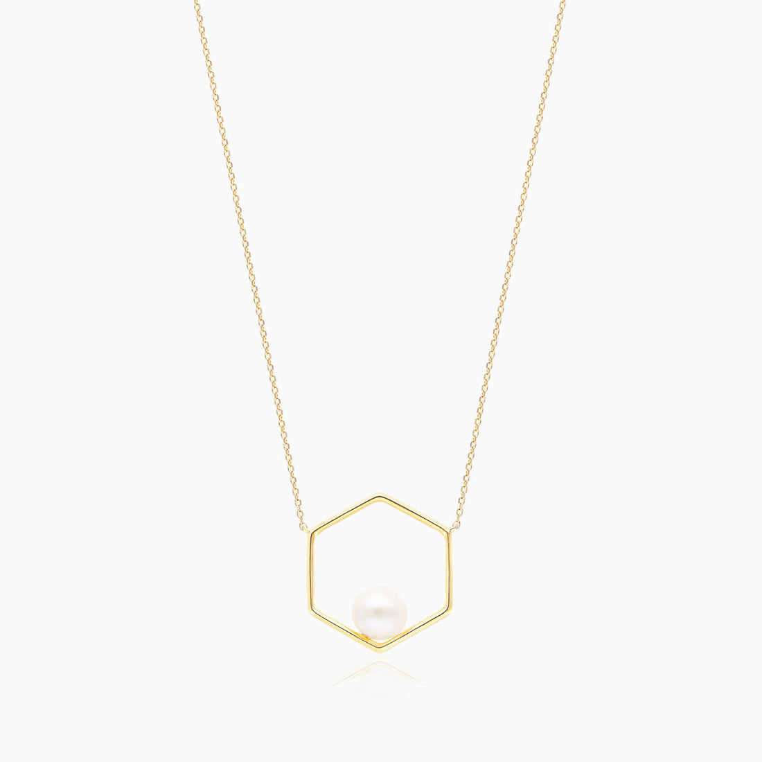Corrente Feminina Pingente Hexagono C/ Perola Solitaria em Ouro 18k