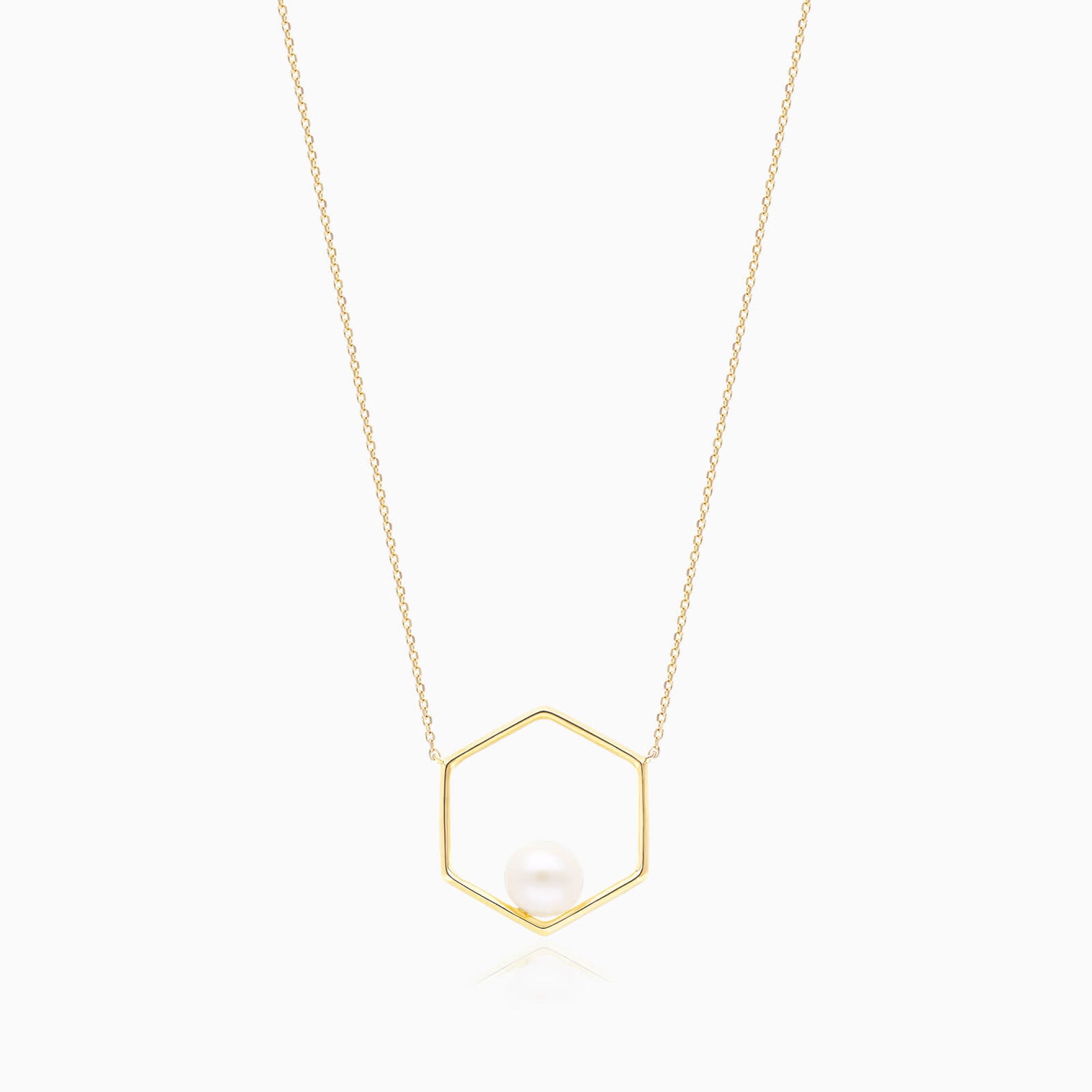 Corrente Feminina Pingente Hexagono C/ Perola Solitaria em Ouro 18k