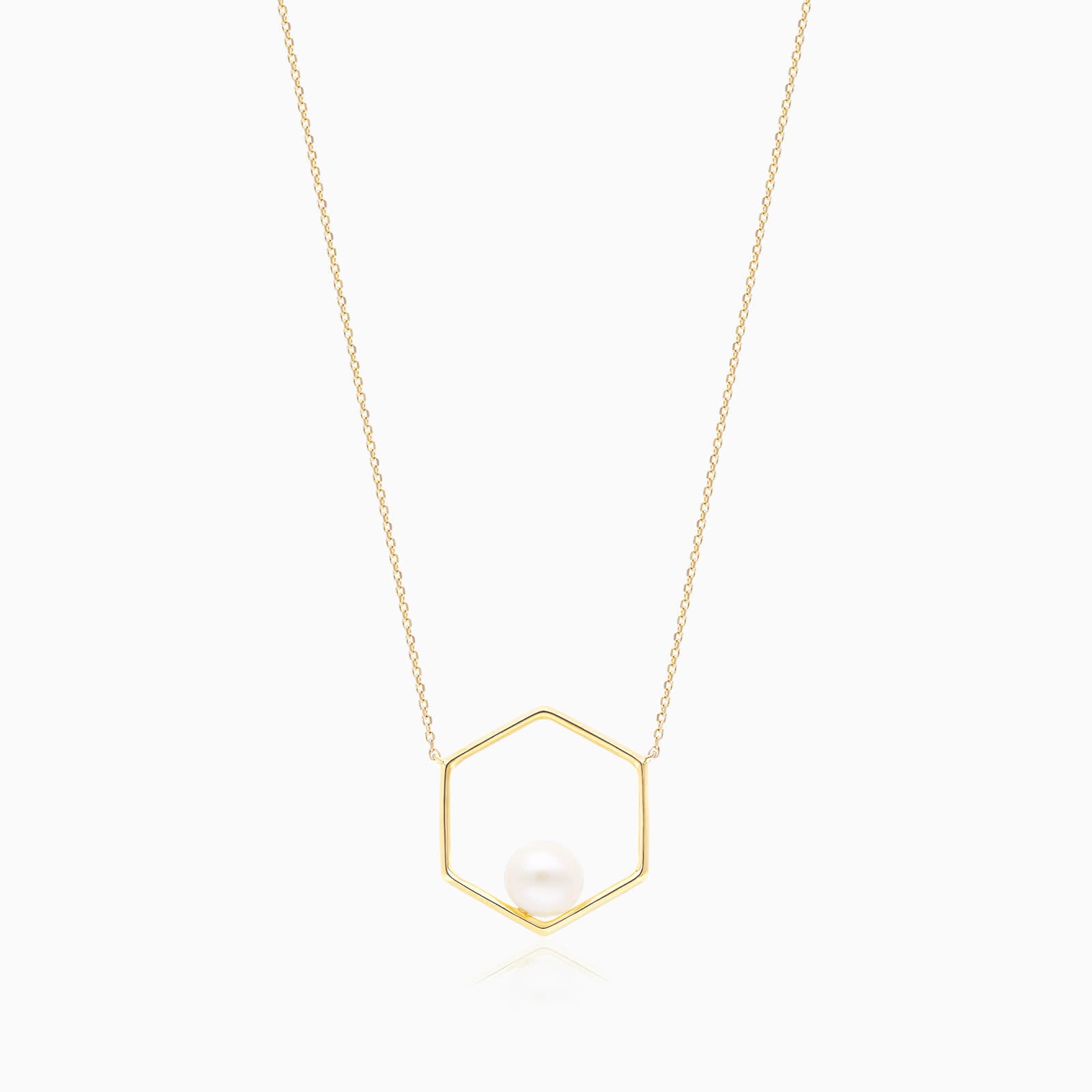 Corrente Feminina Pingente Hexagono C/ Perola Solitaria em Ouro 18k