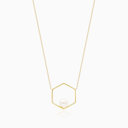 Corrente Feminina Pingente Hexagono C/ Perola Solitaria em Ouro 18k