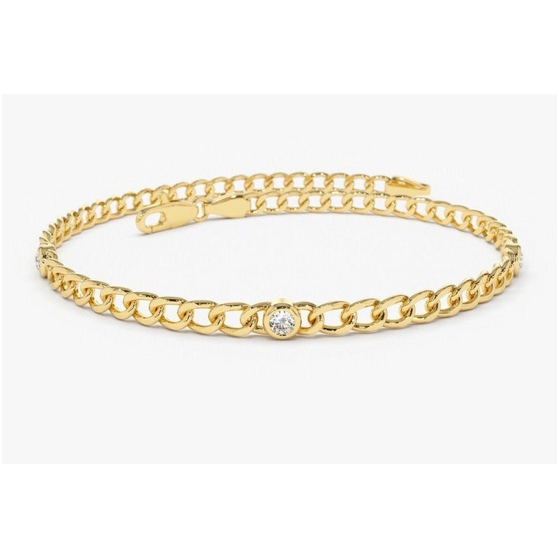 Pulseira Feminina de ouro Bracelete Cubana 3 Diamantes Luxo - AUREA FINE JEWELRY