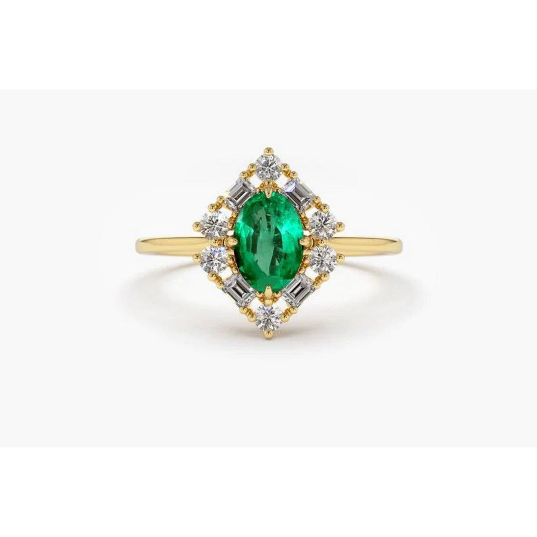 Anel De Noivado em Ouro 18k Solitario Esmeralda e Diamantes Brilhantes