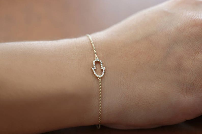 Pulseira Feminina de Ouro Branco 18k Hamsa Diamante Luxo