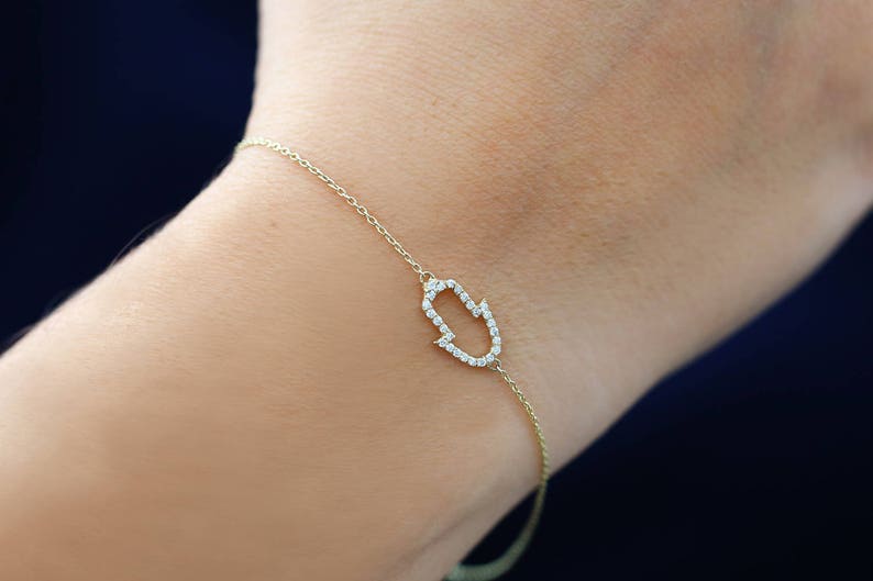 Pulseira Feminina de Ouro Branco 18k Hamsa Diamante Luxo