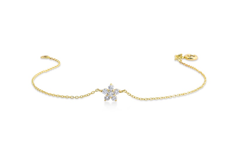 Pulseira Feminina Delicado de Ouro Amarelo 18k Flor Diamantes