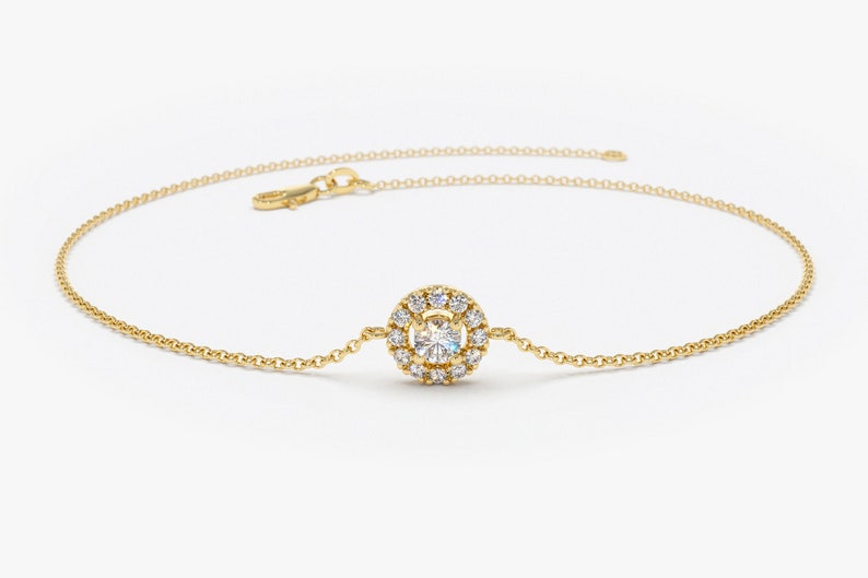 Pulseira Halo Feminina de Ouro Amarelo 18k Diamante Brilhantes Solitario