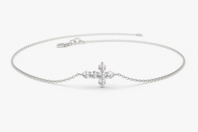 Pulseira Feminina de Ouro Branco 18k Cruz De Diamante Delicado