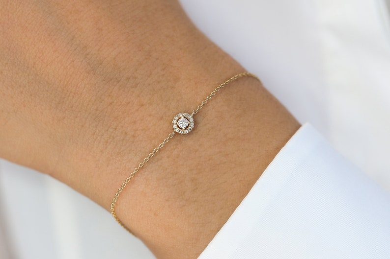 Pulseira Halo Feminina de Ouro Branco 18k Diamante Brilhantes Solitario