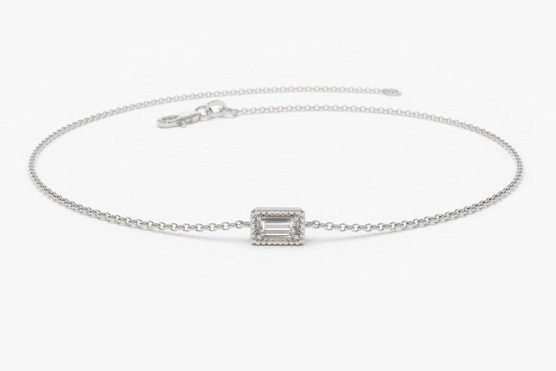 Pulseira Feminina de Ouro Branco 18k Diamante Baguette Solitario