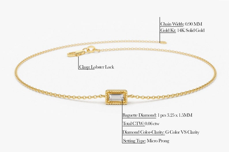 Pulseira Feminina de Ouro Branco 18k Diamante Baguette Solitario