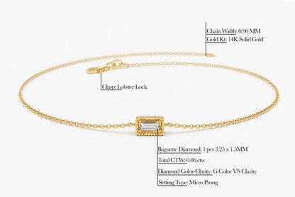 Pulseira Feminina de Ouro Branco 18k Diamante Baguette Solitario